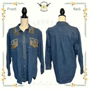 Vintage LORI ZONI Studded Gold Fringe Tassel Western Blue Denim Shirt Medium